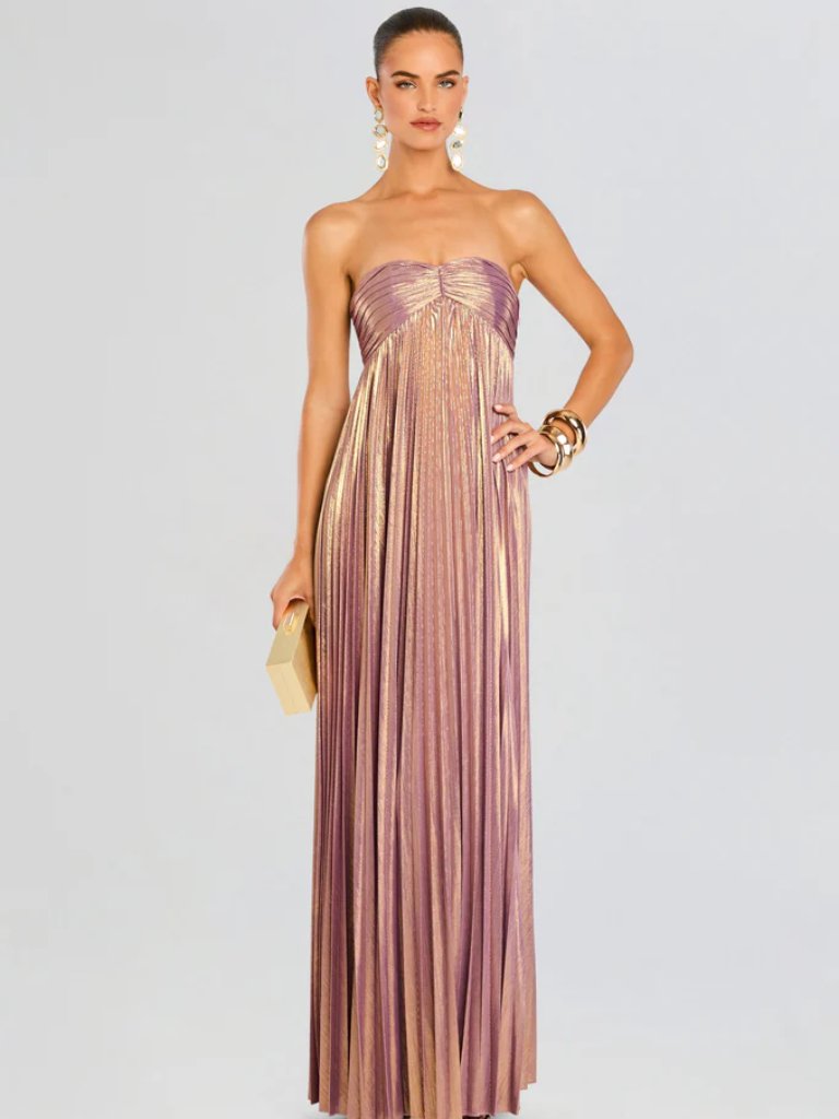 Nwt Retrofete Lyanna Metallic Purple Pleated Satin Strapless Maxi Dress Gown